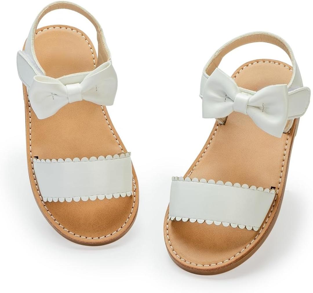 Toddler Girls Sandals Slip-On Open Toe Sandals Little Kid Non-Slip Soft Rubber Sole Princess Flat Shoes (7.5 Toddler, A07/White)