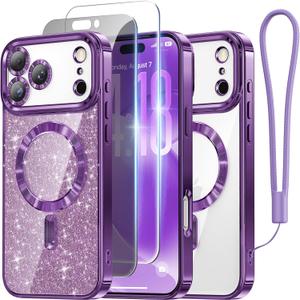 Meifigno Designed for iPhone 17 Pro Max Case 6.9", [Glitter Card & Wrist Strap] [Compatible with MagSafe] [1HD+1X Privacy Screen Protectors] Surround Raised Lens Protection 17 ProMax Case, Deep Purple