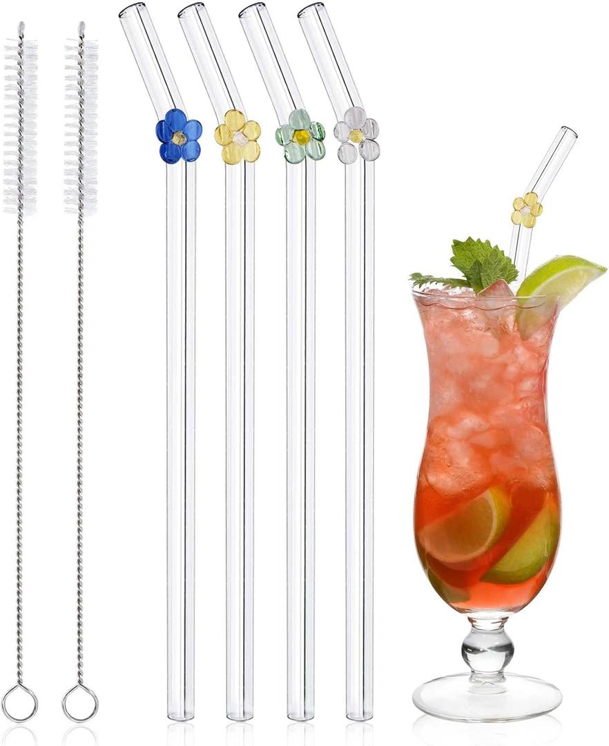 Glass Straws with Colorful Flower Charms 7.87" Borosilicate Drinking Straws, 4 Pcs Reusable Straws with Cleaning Brush Cute Glass Straw for Smoothies, Milkshakes, Juices, Teas
