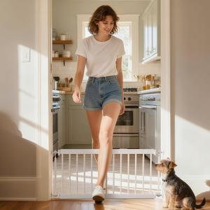 Short Dog Gate,18"-45" Adjustable Extra Wide Metal Short Dog Gate to Step Over, 18" Tall Small Pet Gate with 3 Extension Kits (White)