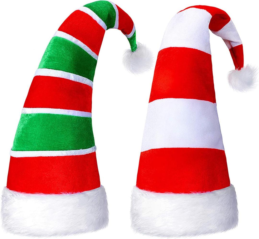 Syhood 2 Pieces Christmas Elf Hats Long Striped Santa Faux Fur Candy Hat for Adults Xmas Holiday Party Costume Accessories (Red Green White, Red White)