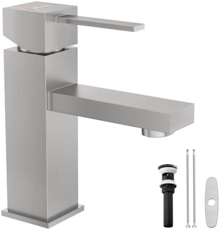 APPASO Bathroom Sink Faucet Brushed Nickel, Single Hole Sink Faucet Spot Resist with Optional Deck Plate for 1 to 3 Hole Installation, Single Handle Stainless with Pop Up Drain for Vanity Bathroom