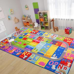 Kids Rug for Playroom Classroom, ABC Alphabet Numbers Play Toddlers Rugs, 5x7 Learning Educational Bedroom Floor Mat, Washable Baby Carpet for Boys Room, Nursery, Preschool, Daycare (Multi Color)