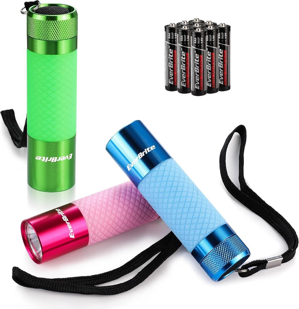 EverBrite 3-Pack Mini Flashlights, Glow in Dark Flashlights, Aluminum LED Flashlights Outdoor Favors Assorted Colors for Camping, Hiking, Indoor, 9XAAA Batteries Included