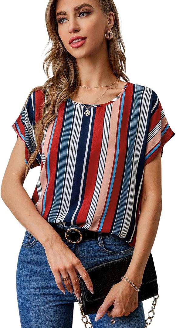 Floerns Women's Short Sleeve Office Blouse (Beige Red Striped), S