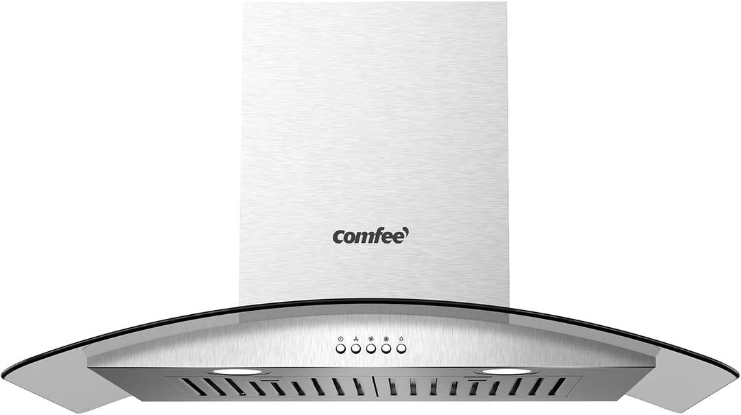 COMFEE' CVG30W8AST 30 Inches Ducted Wall Mount Vent Range Hood with 450 CFM 3 Speed Exhaust Fan, Baffle Filters, Curved Glass, 2 LED Lights, Convertible to Ductless, Stainless Steel