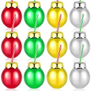 Suclain 12 Pcs Christmas Plastic Balls Cups with Lids and Straws 12oz Glittering Christmas Ornament Cups Red Green Ball Shaped Drinking Balls for Xmas Party Decoration (Gold,Green,Red,Silver)