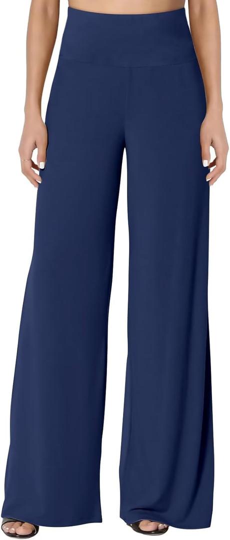 JZC Women's Palazzo Lounge Pants Stretchy Wide Leg Casual Pants Comfy High Waist Flowy Pants, XL (A10 Pure Blue)