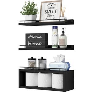 WOPITUES Floating Shelves for Wall with Cube Shelf, Wall Shelves with Metal Rail for Bathroom Decor, Bathroom Organizers and Storage, Over Toilet Shelves for Toilet PaperBlack