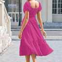 Linsery Women's Summer Square Neck Short Puff Sleeve Casual Smocked Flowy A Line Tiered Split Midi Dress (Pink, L)