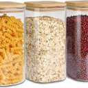 ComSaf Airtight Glass Storage Canister with Wood Lid (51 oz), Clear Food Storage Container Jar with Sealing Lids for Oat Pasta Flour Cereal Rice Sugar Tea Coffee Beans, Set of 3 Square Cookie Jar