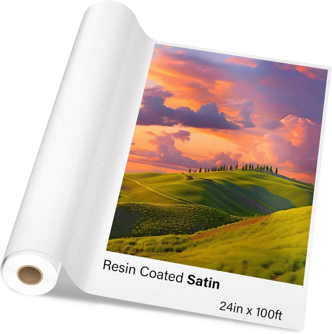 RCdepot1-1 x Premium RC Satin Photo Paper Roll 24 inch x 100 ft Wide Format Inkjet Print (New Upgrade, Resin-Coated Layer in The Back, More Durable More Waterproof, No Easy to Get Wrinkle) Quick Dry