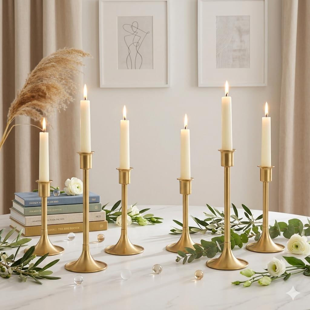 Gold Taper Candle Holders Set of 6 with Anti-Slip Pad Vintage Small Low Metal Candles Metal Candelabra Set for Weddings, Dinners & Parties, 3 Sizes (6, Lengthen Gold)