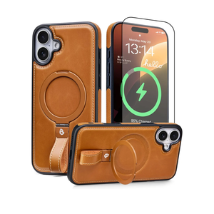 iPhone 17 Leather Case with Stand, Anti-Slip Grip Ring, Fits for MagSafe (Brown, IP17-6.3inch)