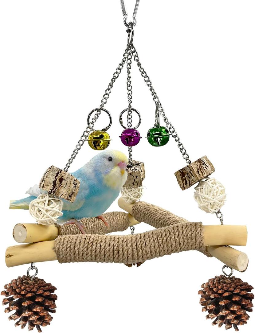 New with Bell! Wooden Bird Swing for Cage, 3-in-1 Hanging Parrot Toy with Chew Toys, 3 Sisal Perches & Stable Triangle Design for Parakeets, Cockatiel, Conures, Lovebirds, Quaker Parrots