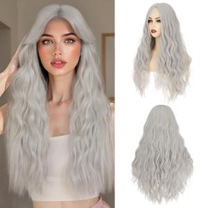 S-noilite Long Wavy Wig 24inch Grey Long Wigs for Women Middle Part Natural Looking Synthetic Wigs for Cospaly Daily Use