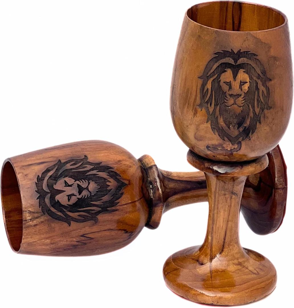 Handcrafted Wooden Goblet Set of 2 with Lion Logo Antique Brown Teak Wood Chalice Rustic Drinkware for Beer, Wine, Coffee & Home Decor