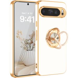 Fingic for Pixel 9 Pro XL Case[with 360Rotatable Ring Holder][Support Magnetic Car Mount]Shiny Plating Gold Slim Fit Thin Soft TPU Bumper Shockproof Case for Google Pixel 9 Pro XL for Girls Boy, White