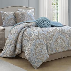 LANCO MODERN LIFESTYLE Blue Gold 6 Piece Comforter Set, King, Elegant Floral Jacquard, Ultra Soft Bed Set for All Seasons, Bed in a Bag, Include Comforter, Bed Skirt, Pillow Shams & Decor Pillows
