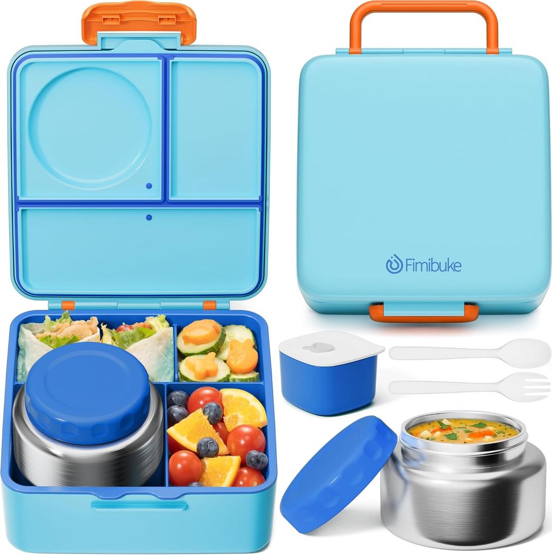 Fimibuke Bento Box for Kids Adult, BPA Free & Leakproof Toddler Lunch Box with 8.5oz Insulated Food Jar, Utensils & Sauce Jar, Dishwasher Safe 3 or 4 Compartment Container for School Girl Boy (A12. Ocean Life)