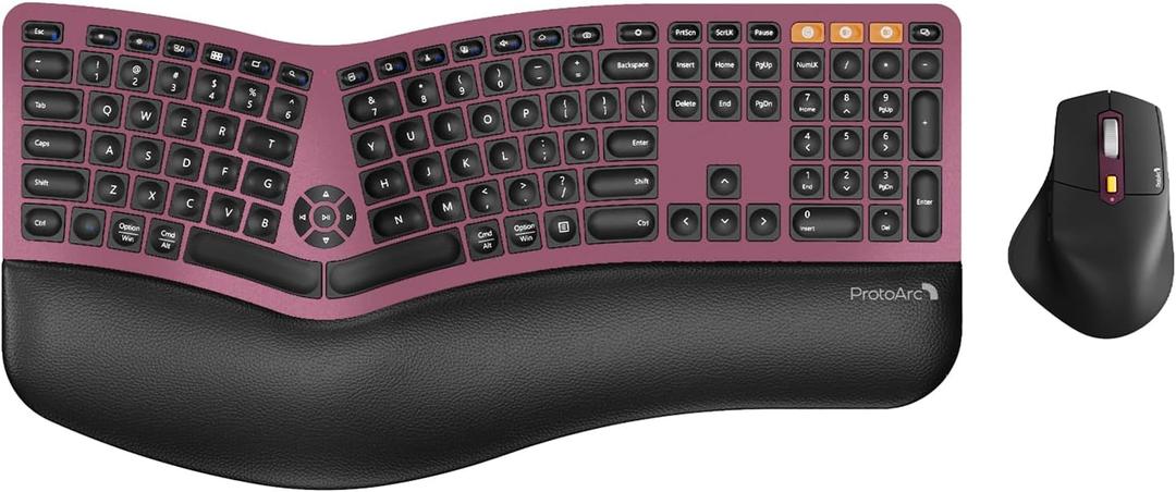 ProtoArc Ergonomic Wireless Keyboard Mouse, EKM01 Plus Full Size Ergo Bluetooth Keyboard Mouse Combo, Split Design, Wrist Rest, Multi-Device, Rechargeable, for Windows/Mac OS - Wine Red