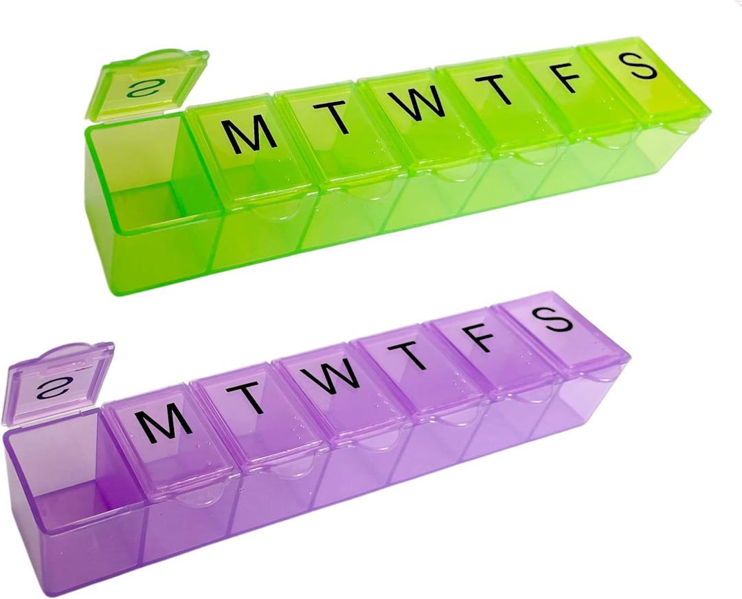2 Pack Weekly (7-Day) Pill Organizer, 7 Days Pill Case Travel Daily Pill Box Portable Medicine Organizer and Planner with Compartment for Vitamins, Fish Oil, Supplements and Medication (Green&Purple)