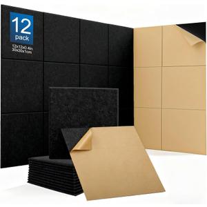 12Pack Acoustic Wall Panels Panels High Density Sound Dampening Panels 0.4" x 12" x 12" Square Acoustic Panels for Home Office Recoding Studio with self Adhesive Acoustic Panels. (Black)