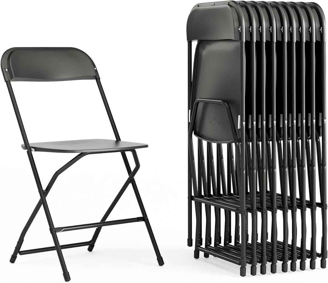 Flash Furniture Hercules Set of 10 Indoor/Outdoor Heavy-Duty Plastic Folding Chairs, Foldable Commercial Stacking Chairs with 650-lb. Static Weight Capacity, Black