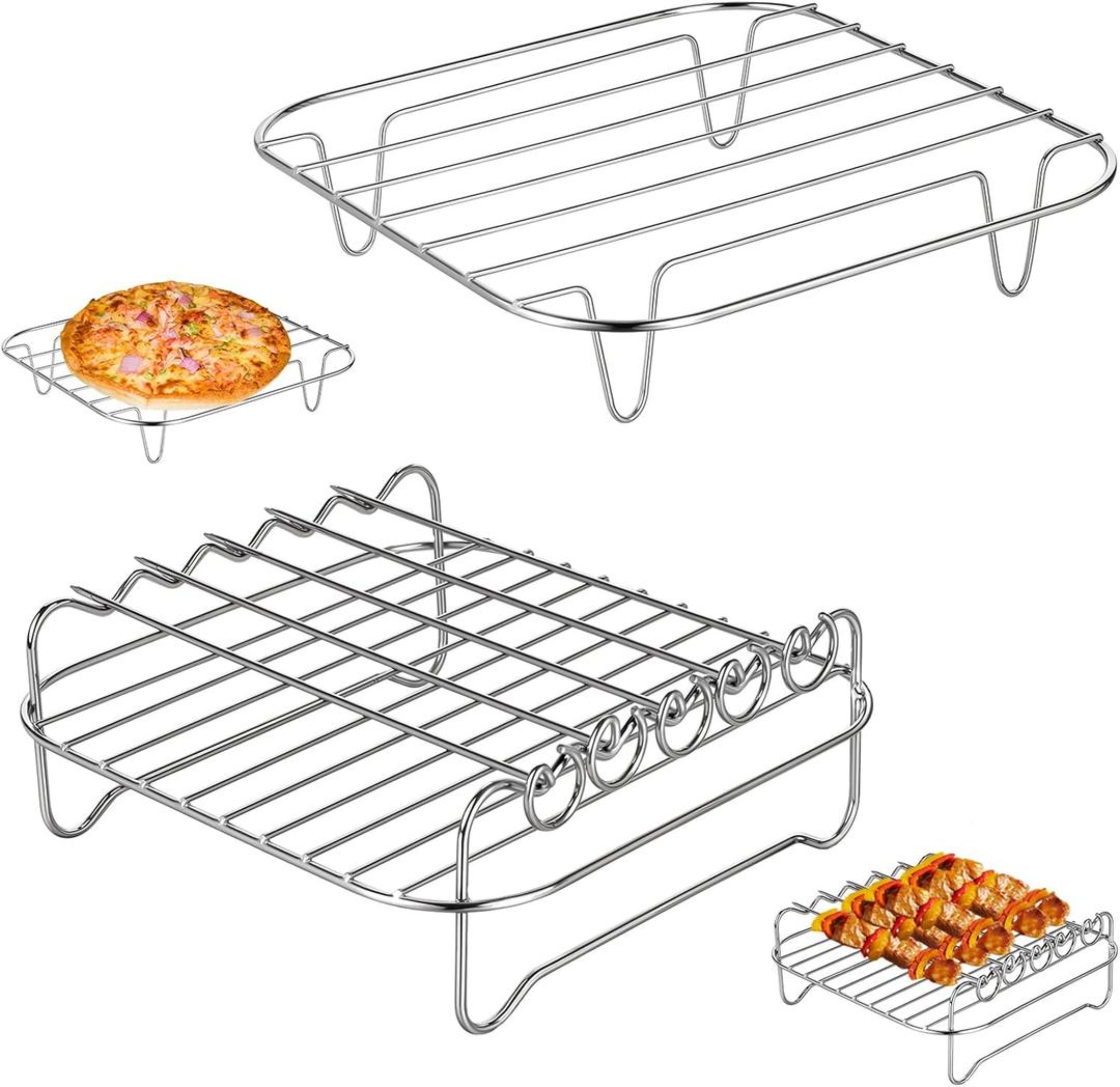 2 Pcs Air Fryer Rack Square, Stackable Multi-Layer Stainless Steel Dehydrator Rack, Square Air Fryer Accessories, Metal Double Layer Wire Racks