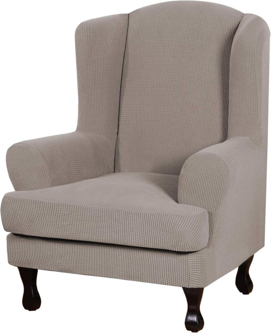 H.VERSAILTEX 2 Piece Stretch Jacquard Wingback Chair Covers Slipcovers Wing Chair Covers (Base Cover Plus Seat Cushion Cover) Furniture Covers for Wingback Chairs, Form Fitted Thick Soft, Taupe