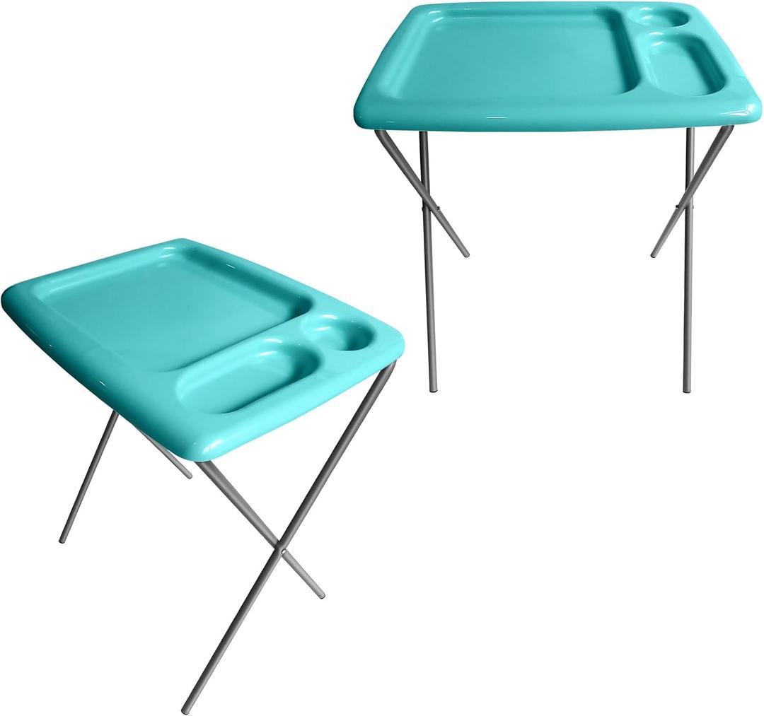 Folding TV Tray Table (Set of 2), Turquoise Blue, 17 x 22 x 26 inches, Portable Indoor-Outdoor Glamping Trays with Space for TV Dinners, Laptop, Utensils, and Drinks