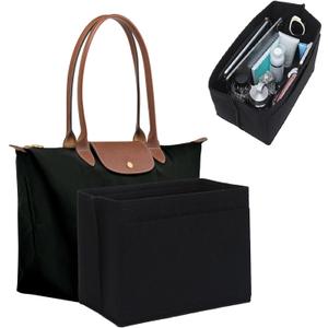 Fit Longchamp Organizer Insert, Zipper Long Champ Le Pliage Bag Organizer Insert with Cup Holder, 9 Compartments,Large/Black