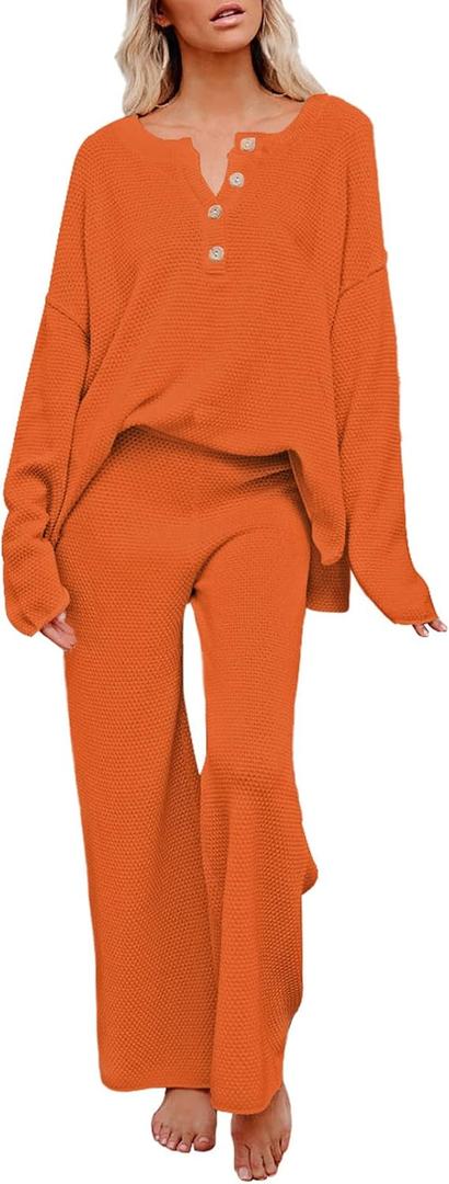 Viottiset Women's 2 Piece Outfits Sweatsuit Knit Long Sleeve Sweater Wide Leg Pants Loungewear (S)