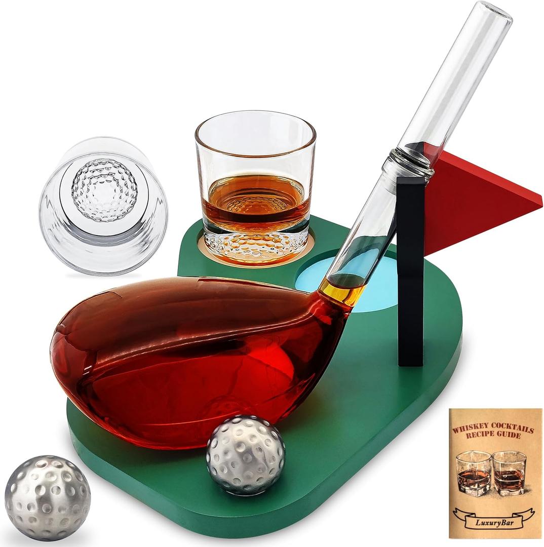 Golf Whiskey Decanter Set 25.4oz Whiskey Decanter Sets for Men with 2 Chiller, 2 Glasses&Tray, Golf Accessories for Mens Bourbon Golf Gifts for Men Dad Him Husband Boyfriend Liquor Dispenser