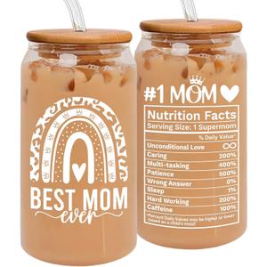 2 x HEXMOZ Valentines Day Gifts for Mom from Daughter, Son, Kids, Husband - Funny Mom Gifts - Moms Gift for New Moms, Wife, Mama from Husband - 16oz Glass Drinking Cup with Straw Gift Box
