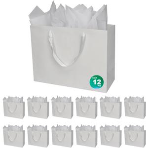 2 x Papertide 12 Pack White Large Gift Bags 13x5x10 inch with Tissue Paper | Reusable Gift Bag Fits Outdoor Gear, Yoga Mats, Stuffed Animals. Premium 250gsm Cardstock, Reinforced Bottom.