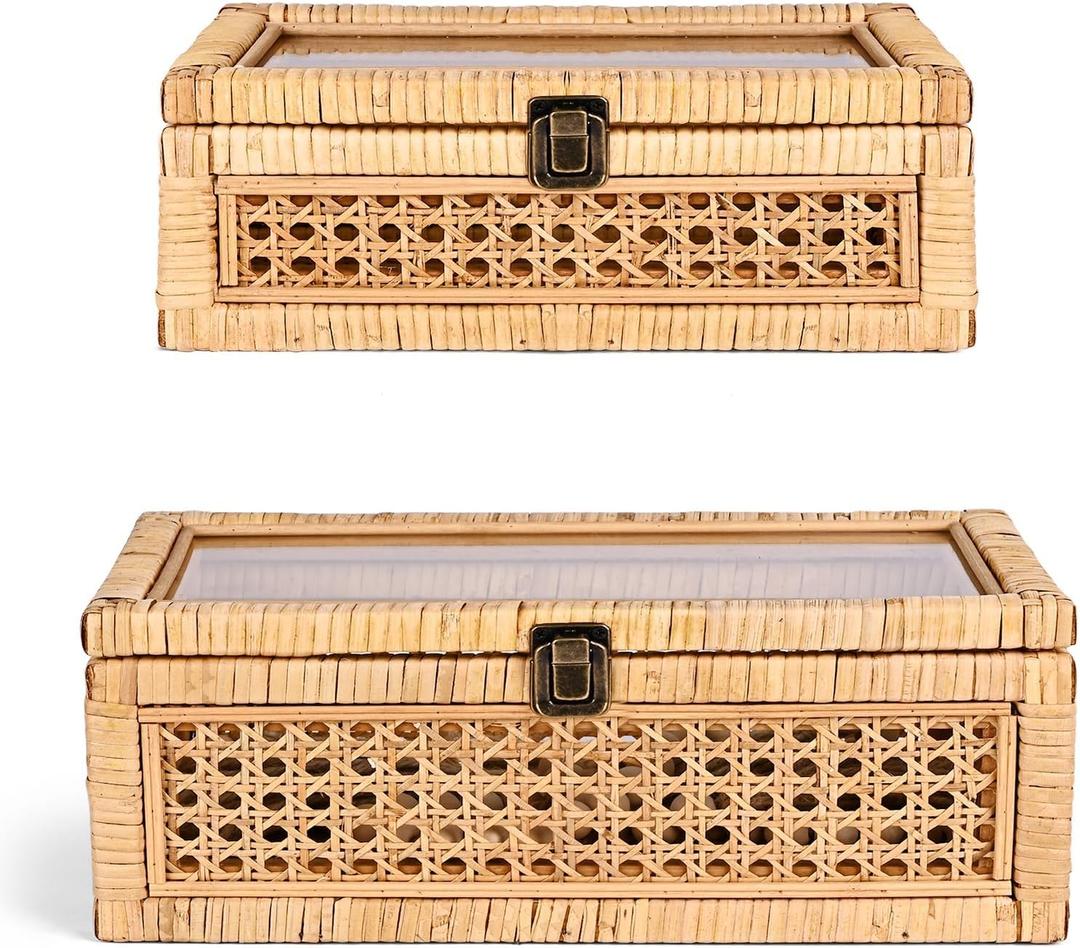 Rattan Decorative Box with Lid, Rectangular Woven with Glass for Display, Set of 2 Wicker for Decor