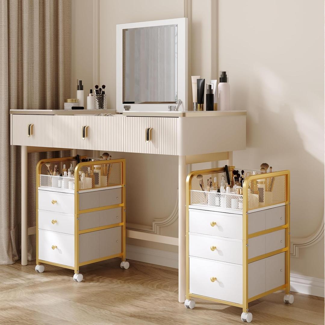 Rolling Makeup Organizer Cart with 3 Drawers, Under Desk Vanity Makeup Storage Cart, Bathroom Storage Cart Cosmetic Display Cases Cabinet for Nail Polish, Brushes & Hair Tools, Gold, 
11”L x 13.8”W x 3.9”H /11”L x 13.8”W x 6.3”H.