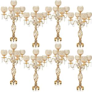 Nitial 8 Pcs 5 Arm Crystal Candelabra Centerpieces for Table 27 Inch Retro Victorian Crystal Candle Holders Bowl Table Centerpieces Decor for Wedding Banquet Valentine Dinner Party Event (Gold)