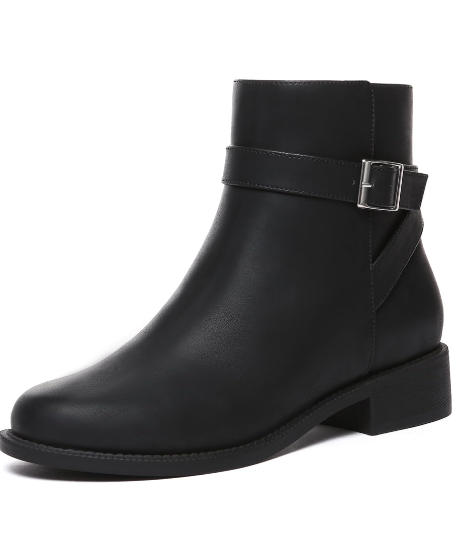 Athlefit Women's Ankle Boots Chunky Low Heel Fashion Round Toe Side Zipper Buckle Booties, 11