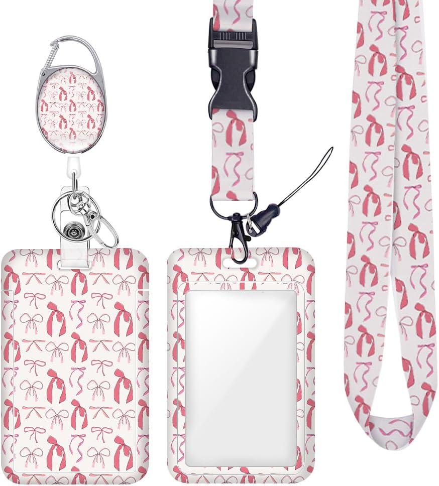 Pink Bow ID Badge Holder Badge Reel Lanyards for ID Badges Work Vertical Protector Retractable Carabiner Clips Heavy Duty Key Lanyard for Women Girls Scholar Novelist Architect Dentist Office Gifts