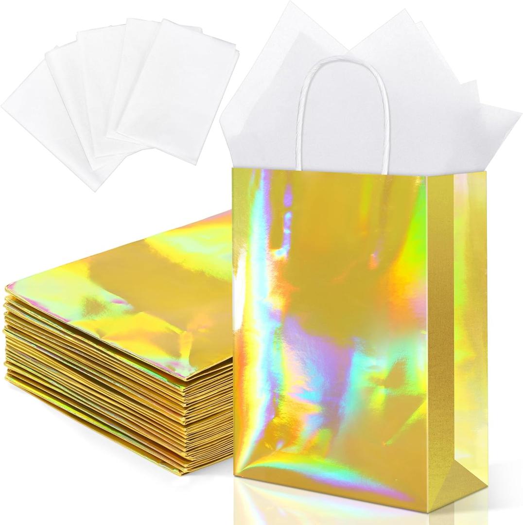 MIMIND 24 Pack Iridescent Paper Gift Bags with Handles Holographic Party Favor Bags with Tissue Paper 8.7 x 6.3 x 3.1 Inch Glitter Gold Foil Goodie Candy Bag for Wedding Baby Shower Birthday Party (Medium)