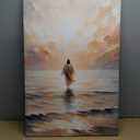 Jesus Walking on Water Canvas Wall Art Jesus Christian Posters Prints Sacred God Walking on Ocean Beach Painting Pictures for Living Room Bedroom Bathroom Office Wall Decor Framed (24L" x 36W", #1color)