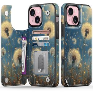 FUNMIKO for iPhone 15 Plus Wallet Case with Card Holder + Cash Clip, RFID-Blocking, Military-Grade Drop Protection & UV-Printed Artwork, Magnetic Closure with Leather Kickstand - Dandelion in The Sky