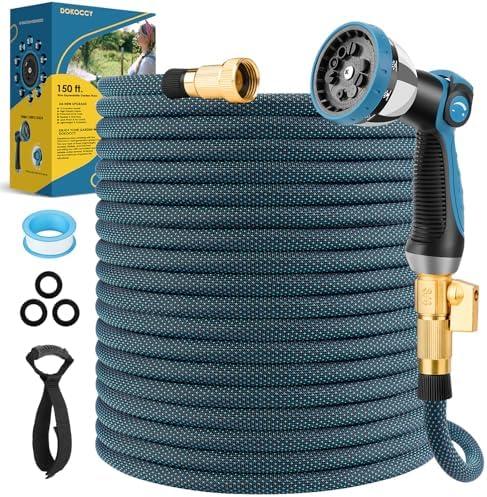 DOKOCCY Non-Expanding Garden Hose 150 ft, Flexible Water Hose with 10 Function Spray Nozzle, Lightweight Hose Pipe, Leak-Proof, Durable, Kink-Resistant, 3/4 Inch Connector, Portable Storage Strap