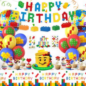 Building Block Birthday Party Decorations Supplies Kit - Balloons Tablecloth Banners Cake Toppers Foil Balloons Tattoo Stickers - Birthday Decorations for Kids Boys Girls Building-Themed Celebration