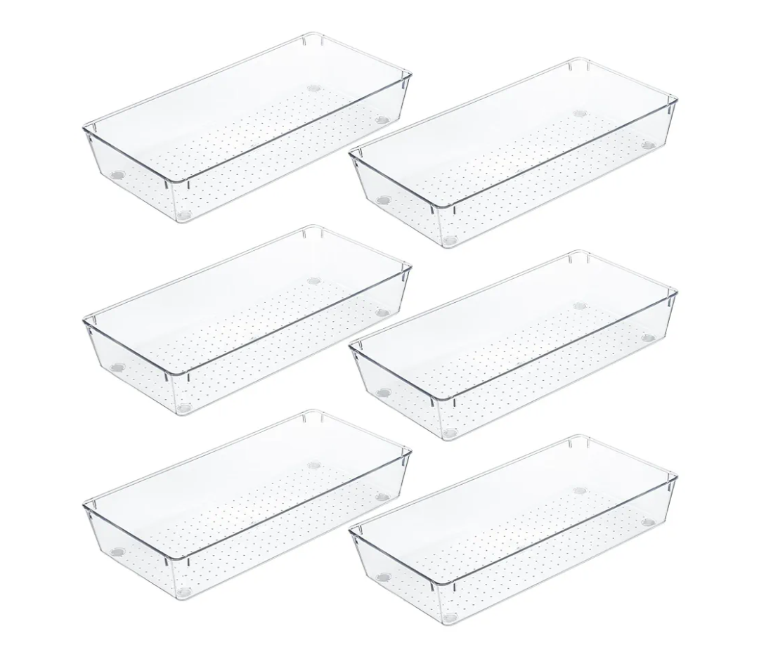 Kingrol 6 Pack 12 x 6 x 2 Inch Clear Drawer Organizer Trays, Desk Drawer Divider Storage Bins, Storage Box Set for Utensils Junks Vanities Makeups Jewelry Office Craft Supplies
