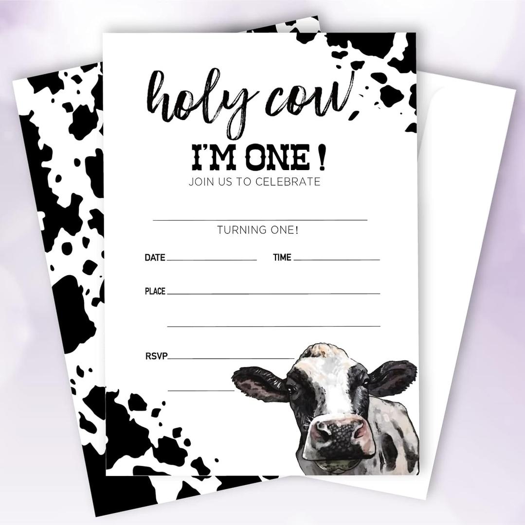 20 Sets Holy Cow I'm One Birthday Party Invitations With Envelopes,Farm Cow Girl Boy Double-sided Printed Birthday Party Invite Cards Invitations for Girls Boys Kids,1st Birthday Invites