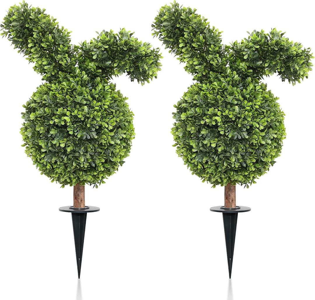 28inch Bunny Shaped Topiary Trees with Ground Spike, Artificial Boxwood Rabbit Topiary for Indoor Outdoor Home Decor (Set of 2)