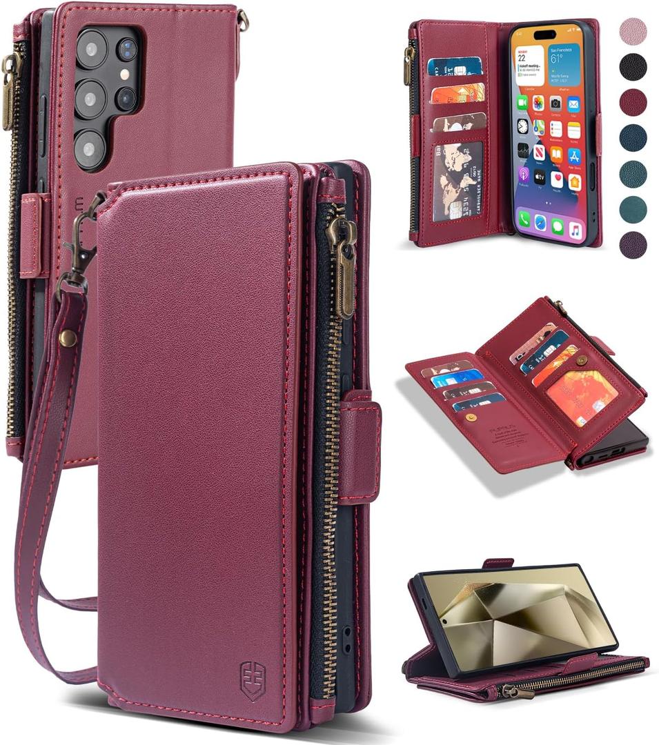 for Samsung Galaxy S24 Ultra Wallet Case with RFID Blocking Credit Card Holder,PU Leather Flip Lanyard Strap Wristlet Zipper Women Men for Samsung Galaxy S24 Ultra Red